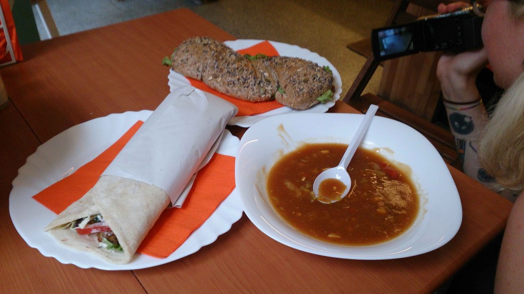 Food ordered at Bobencek: soup of the day, falafel wrap and avocado sandwich.