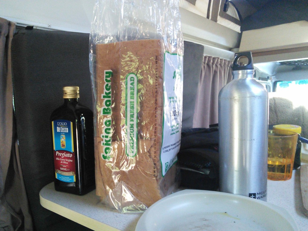 We found a giant loaf of stale bread, making olive oil toast out of it for breakfast