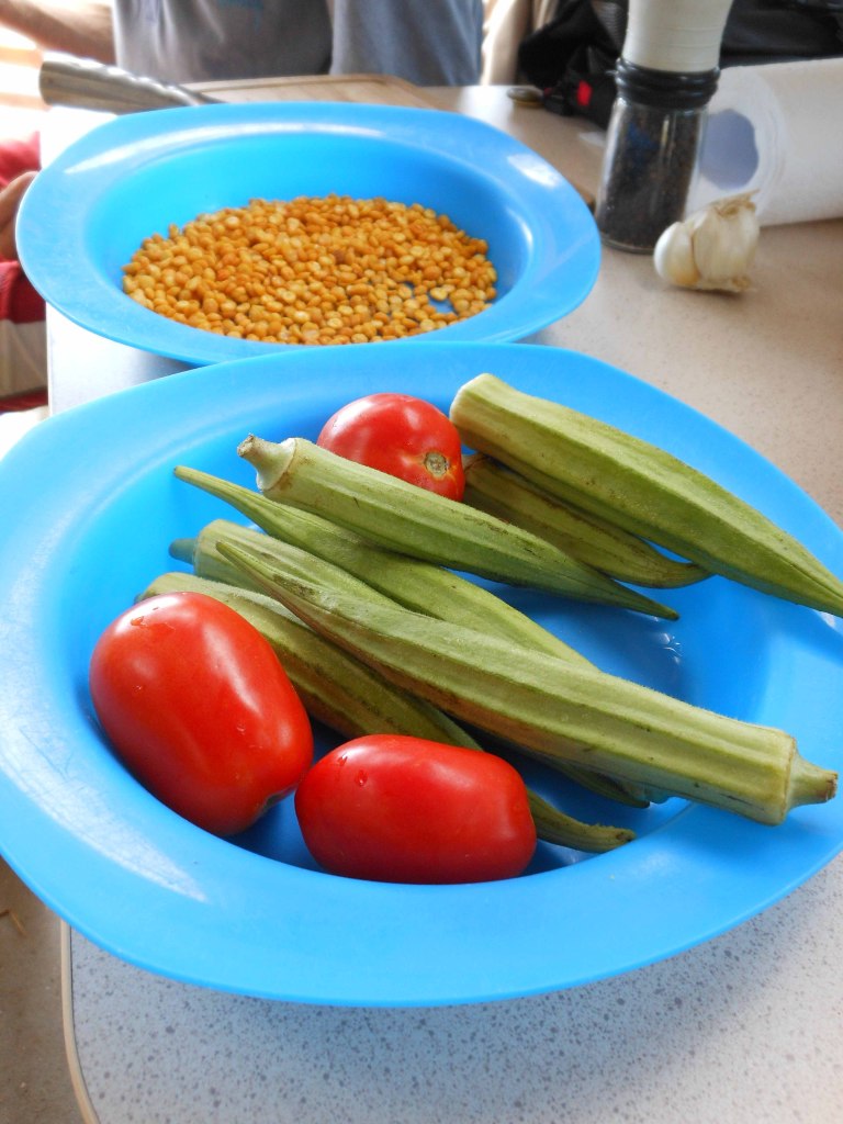 Giant okra, tomatoes and lovely Indian snacks