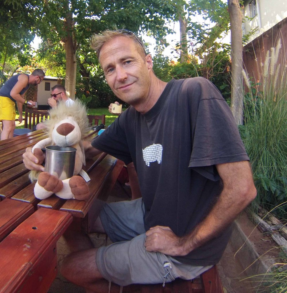 Jonathan and Leo having tea before going rafting at Victoria Falls