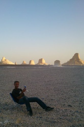 Campsite in the windy White Desert - with a can of Egyptian Stella...not the greatest beer-find of the trip.